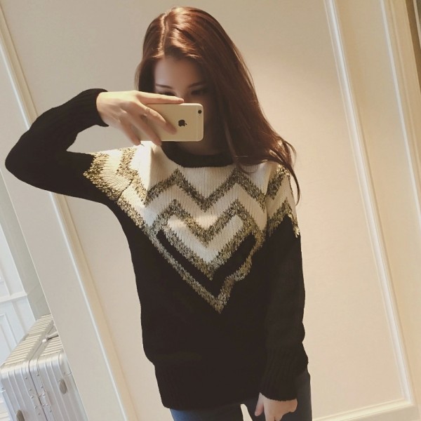 歐美2015秋裝韓國百搭新款圓領長袖小香風裝飾套頭針織衫上衣女工廠,批發,進口,代購