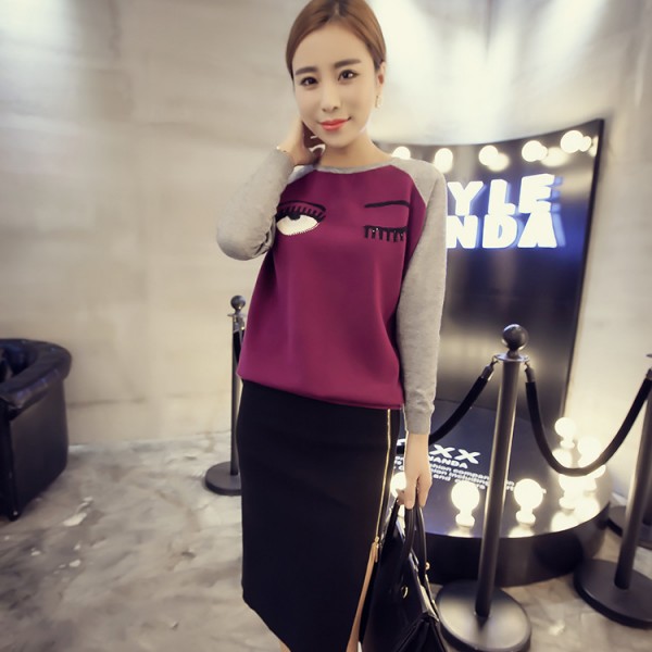 2015冬新品韓版睫毛針織衫圓領長袖套頭拼色插肩袖打底衫針織衫女工廠,批發,進口,代購