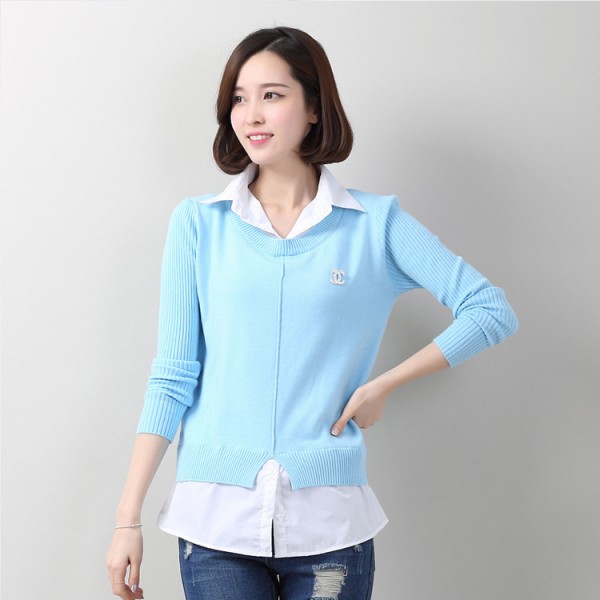 15新款韓版時尚拼接假兩件套 秋冬長袖翻領針織衫 女 廠傢直銷工廠,批發,進口,代購