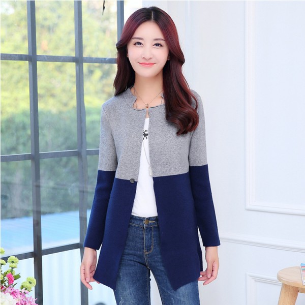 女裝秋冬新款針織開衫女秋冬拼色一粒扣長袖精品女式針織衫工廠,批發,進口,代購