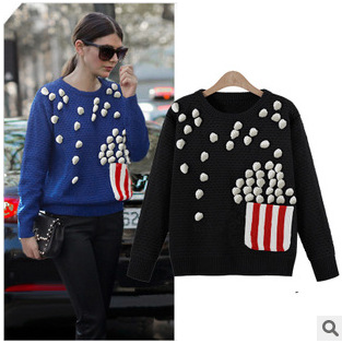 歐洲站2015秋冬新款立體白色圓球口袋裝飾歐美顯瘦毛衣針織衫工廠,批發,進口,代購