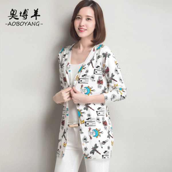 2015秋冬新款韓版女式針織開衫 印花長袖V領時尚白搭羊毛衫外套工廠,批發,進口,代購