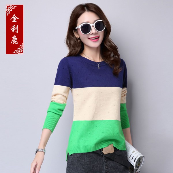 秋冬新款套頭女式針織衫 韓版條紋撞色圓領打底衫長袖時尚羊毛衫工廠,批發,進口,代購