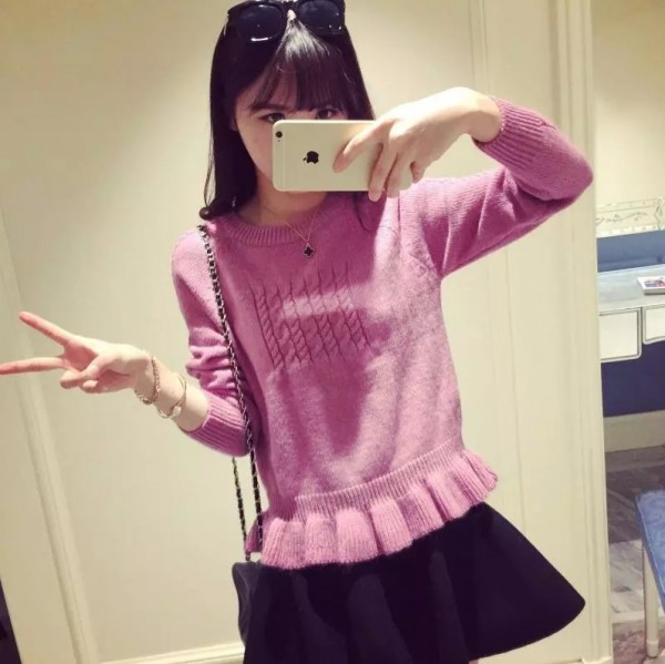 2015秋冬圓領麻花木耳邊下擺百搭學院風長袖針織毛衣打底衫女工廠,批發,進口,代購