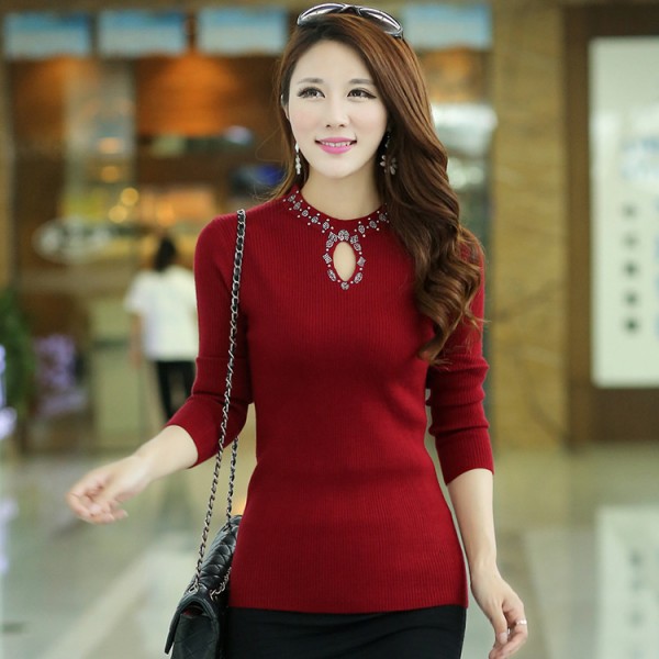 2015新款針織衫女套頭純色長袖毛衣女鑲鉆彈力修身打底衫工廠,批發,進口,代購