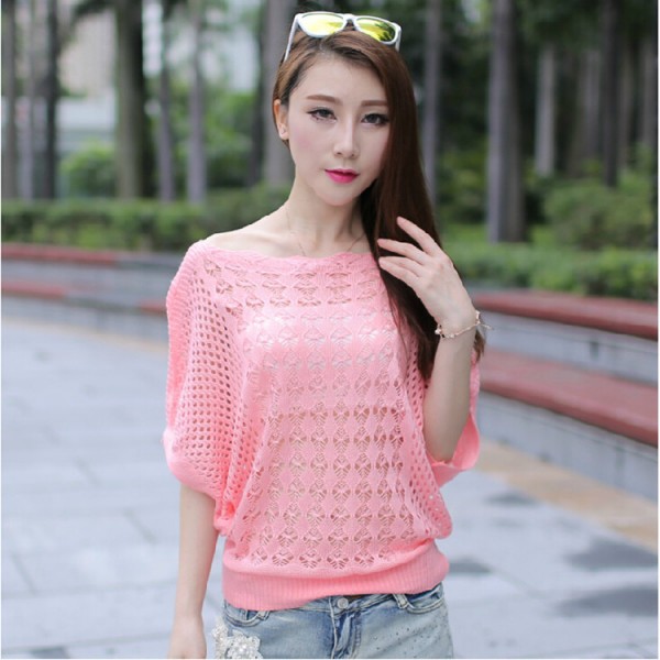 15年外貿批發夏季女裝新款鏤空蝙蝠袖一字領套頭美針織衫空調罩衫工廠,批發,進口,代購