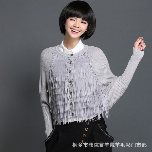 秋季新款女式蝙蝠袖袖寬松雪紡流蘇拼接短款開衫女針織衫工廠,批發,進口,代購