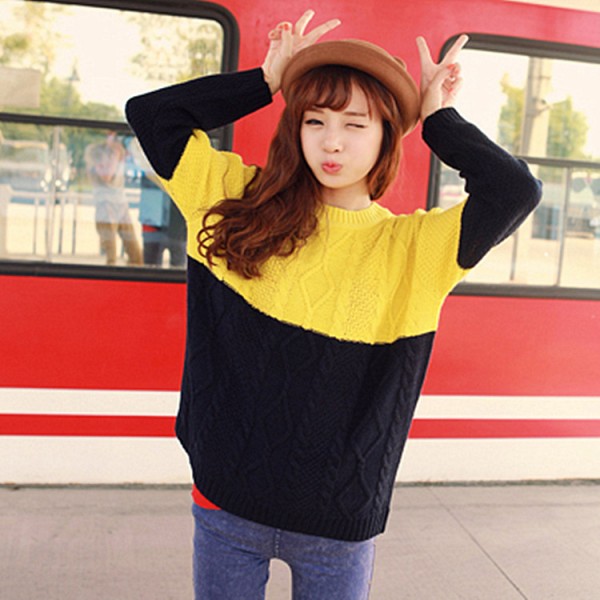 女毛衣韓版拼色秋冬新款女裝清新針織套頭衫打底毛衣寬松外套跑量工廠,批發,進口,代購