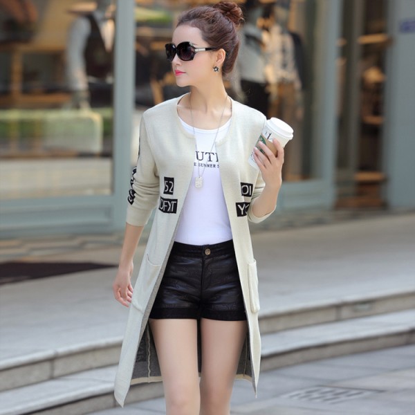 2015秋冬新款時尚氣質字母開衫 修身中長款女式針織衫 羊毛毛衣女工廠,批發,進口,代購