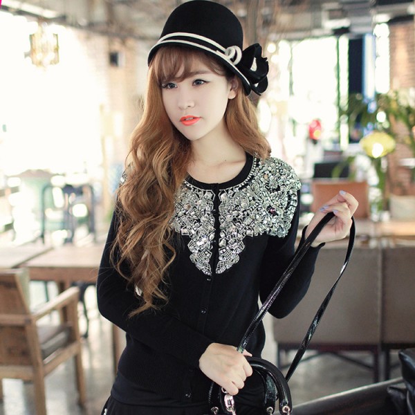 2015秋冬新款女裝名媛風 鑲鉆 針織衫女開衫 黑色針織外套長袖工廠,批發,進口,代購