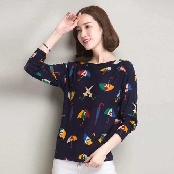 2015秋季韓版新款一字領簡約長袖寬松套頭針織衫打底衫印花工廠,批發,進口,代購