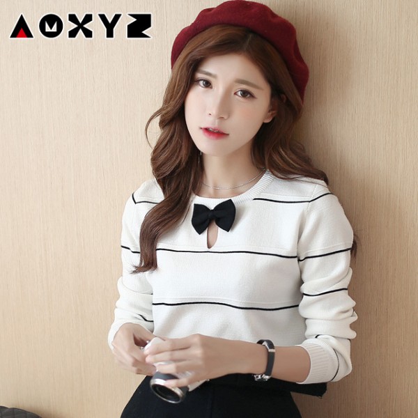 2015秋冬新款韓版打底針織衫條紋女式寬松長袖蝴蝶結套頭毛衣女工廠,批發,進口,代購
