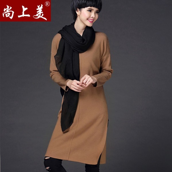 尚上美秋裝新款加長款針織衫 韓版開叉純色個性女式針織衫上衣工廠,批發,進口,代購