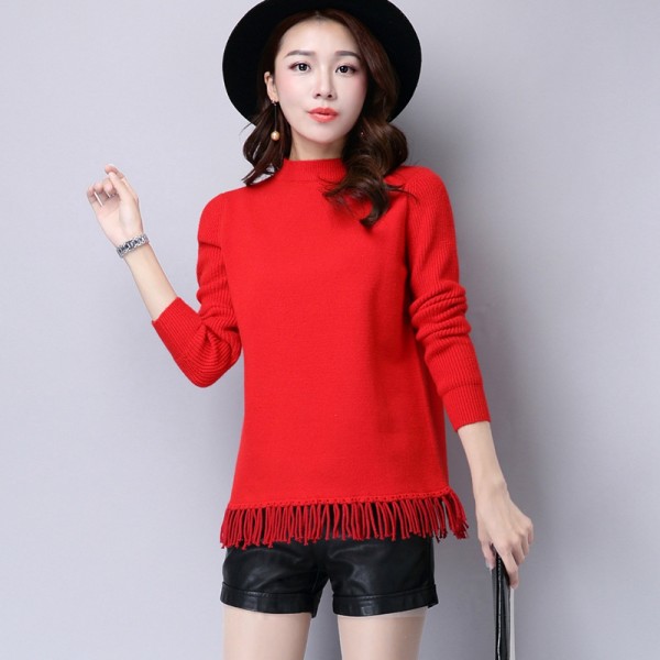 廠傢直銷2015秋冬新款女式針織衫短款套頭學院風流蘇修身打底衫工廠,批發,進口,代購