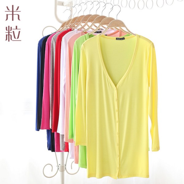 2015秋季八粒扣長款韓版外套 舒適寬松V領針織莫代爾開衫女批發工廠,批發,進口,代購