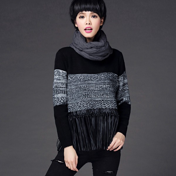 雅琪嫚韓范寬松款針織毛衣 冬季新品女流蘇長袖毛線衣圓領大碼女工廠,批發,進口,代購