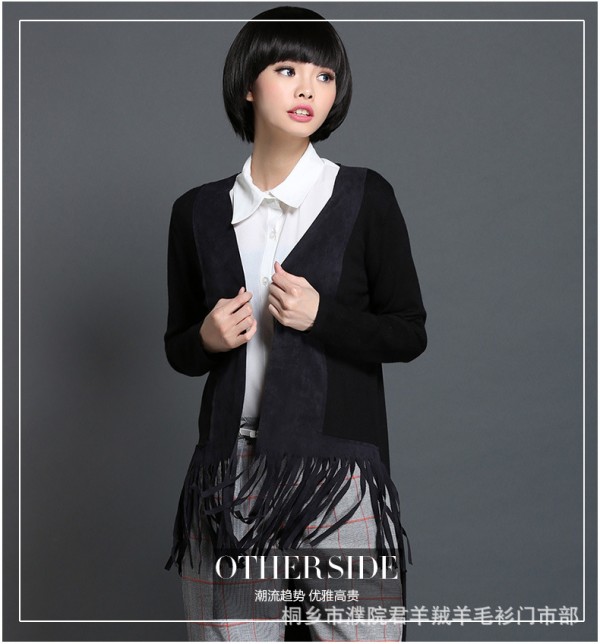 鹿皮絨女裝羊絨開衫女中長款寬松針織衫歐美流蘇毛衣外套工廠,批發,進口,代購