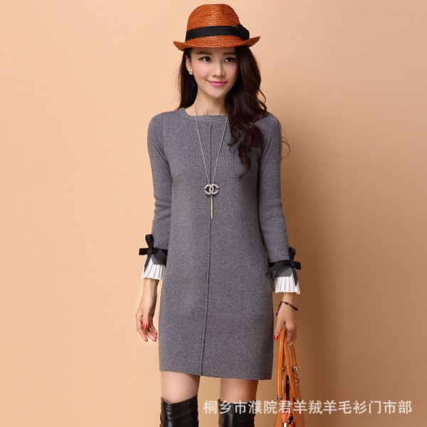 秋冬新款中長款圓領寬松羊毛衫 韓版純色拼接喇叭袖針織衫 女式工廠,批發,進口,代購