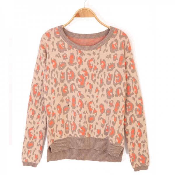 2015新品女裝套頭針織衫秋 豹紋拼色款不規則下擺毛衣廠傢直銷工廠,批發,進口,代購