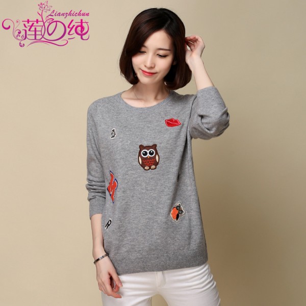 蓮之純2015秋新品高端女裝品牌羊毛衫 貼佈繡花套頭針織衫女毛衣工廠,批發,進口,代購