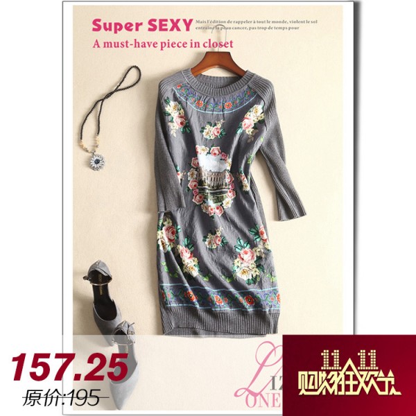 歐洲站2015秋冬新品女裝前片印花經典圓領套頭羊毛針織衫女長款工廠,批發,進口,代購