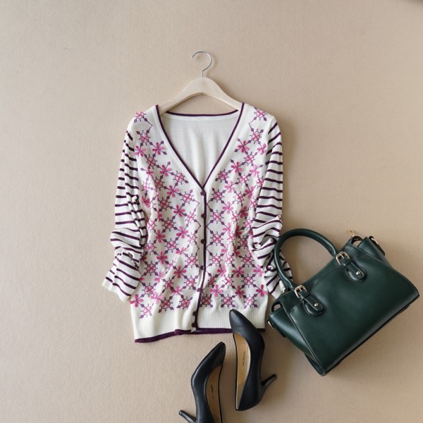 2015春夏新款女裝批發 歐美高端精品花瓣刺繡V領長袖針織衫開衫工廠,批發,進口,代購