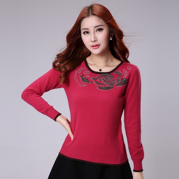 15秋冬款韓版女修身鑲鉆印花圓領羊絨高端衫針織衫羊毛打底衫新品工廠,批發,進口,代購