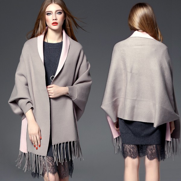 秋冬新款女裝雙麵羊絨大衣針織開衫蝙蝠衫流蘇鬥篷披肩毛衣外套女工廠,批發,進口,代購