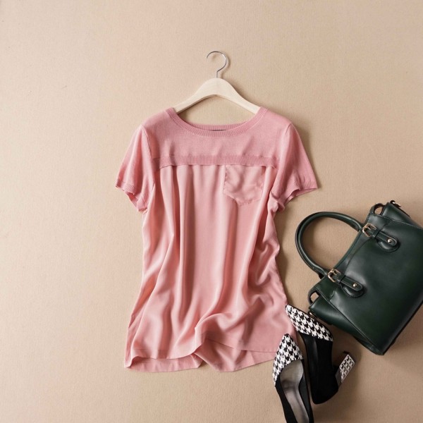 2014夏季新款女裝批發 歐美高端精品 真絲拼接針織衫 純色短袖工廠,批發,進口,代購