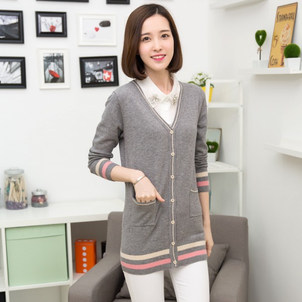 新款全羊毛女式針織衫 V領長袖簡約中長款開衫工廠,批發,進口,代購