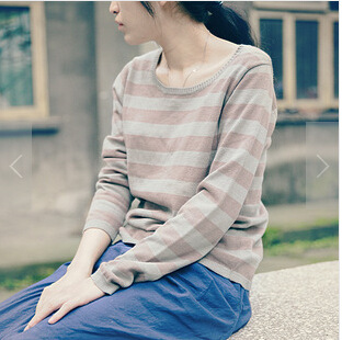 壹念原創 秋冬新款女式純棉文藝拼色長袖套頭圓領百搭套頭衫工廠,批發,進口,代購