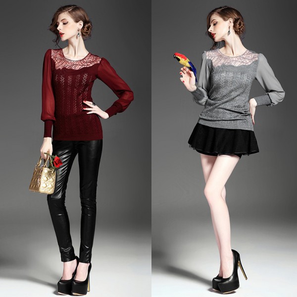 2015秋季新款女裝 歐美時尚蕾絲圓領長袖拼接鏤空繡花修身針織衫工廠,批發,進口,代購