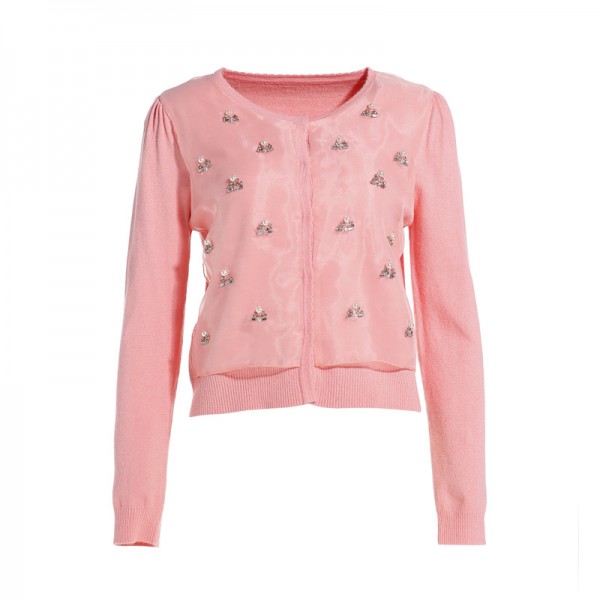 2015秋歐美外貿高端女裝圓領拼接歐根紗鑲鉆針織開衫長袖 BJ0804工廠,批發,進口,代購