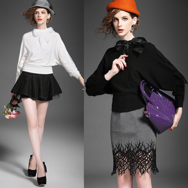 2015秋季新款女裝 時尚立領蝴蝶結長袖拼接蕾絲披肩純色針織衫工廠,批發,進口,代購