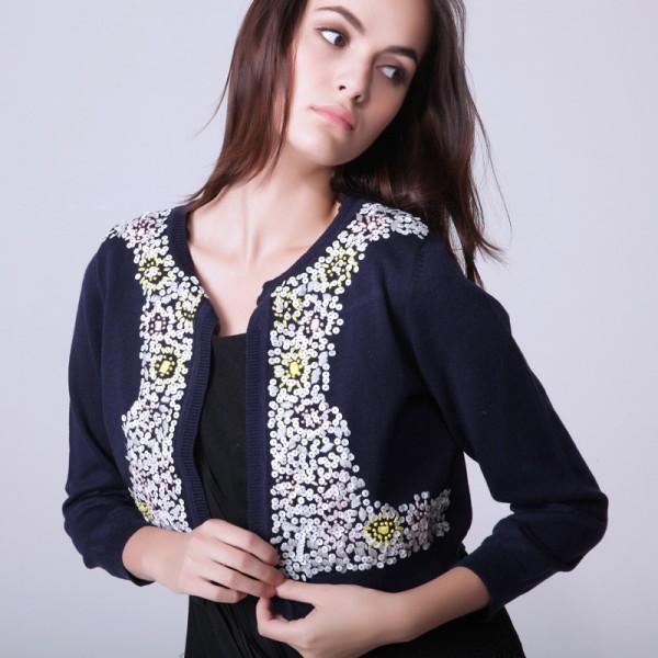 瑪拉咔囉2015歐美新款修身百搭亮片釘珠圓領拼接九分袖針織小開衫工廠,批發,進口,代購