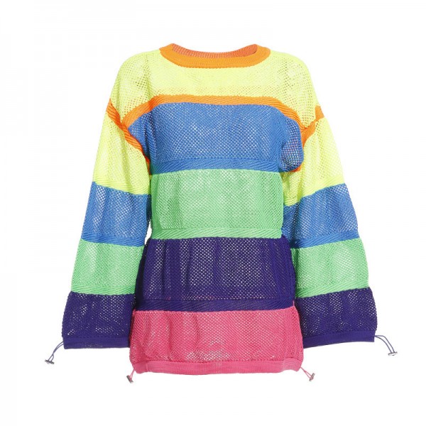 2015秋裝新款歐洲站大碼女裝M傢鏤空抽繩彩虹條長袖衛衣 BH0511工廠,批發,進口,代購