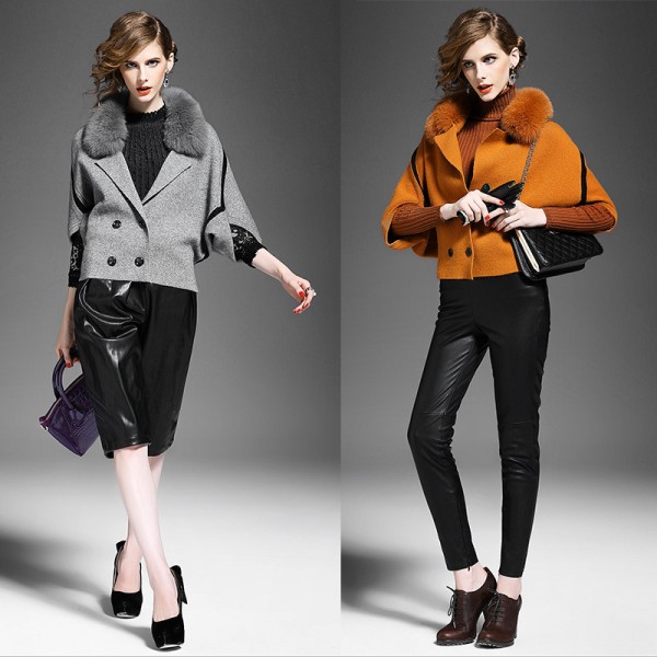 2015秋季新款女裝 歐美時尚可卸式毛領彈力條紋寬松針織女式外套工廠,批發,進口,代購