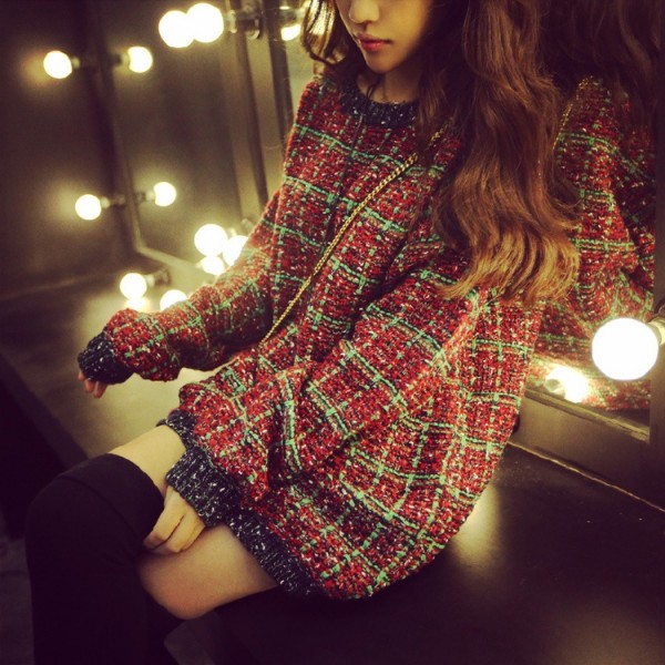 韓國東大門女裝2015春季新款時尚彩線混色大格子中長寬松外套毛衣批發・進口・工廠・代買・代購