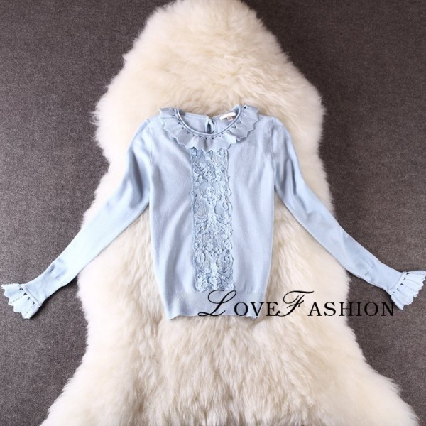 網店爆款歐美2015秋冬款高檔蕾絲拼羊毛針織衫長袖打底衫 L7440工廠,批發,進口,代購