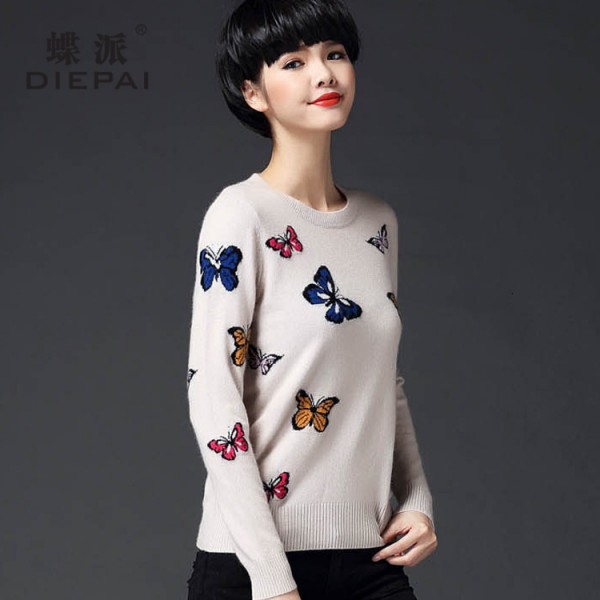 2015秋裝女式套頭針織衫韓版圓領長袖短款蝴蝶印花毛衣女裝打底衫工廠,批發,進口,代購