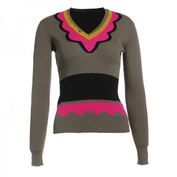 歐洲站2015秋冬款高端女裝華V傢重工V領撞色針織衫長袖 BI1701工廠,批發,進口,代購