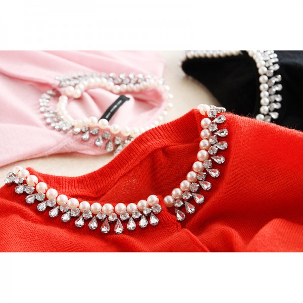 歐洲站女毛衣領口重工釘珠珍珠圓領長袖美麗諾羊毛針織開衫   3色工廠,批發,進口,代購