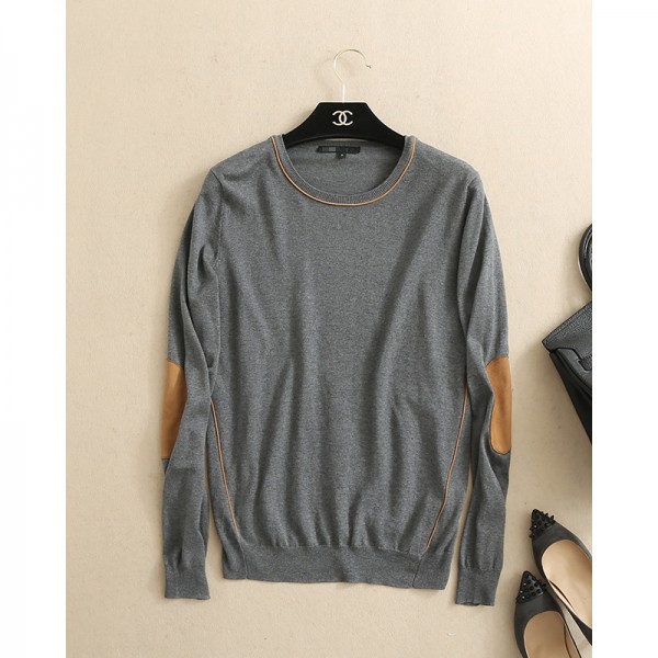 冬季新款女裝毛衣潮真絲羊絨混紡手肘羊皮拼接圓領長袖針織衫 4色工廠,批發,進口,代購