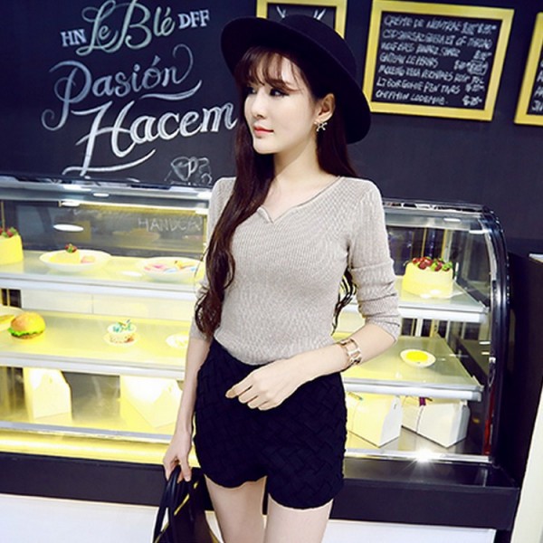 3730#2015秋季新款韓版時尚修身顯瘦別致小尖角領針織衫女上衣工廠,批發,進口,代購