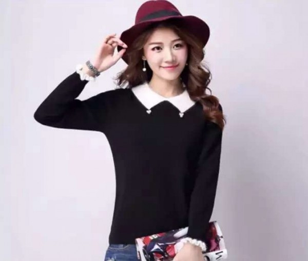 15989 韓版名媛風珍珠蝴蝶結襯衣領撞色木耳袖包芯紗糖果色針織衫工廠,批發,進口,代購