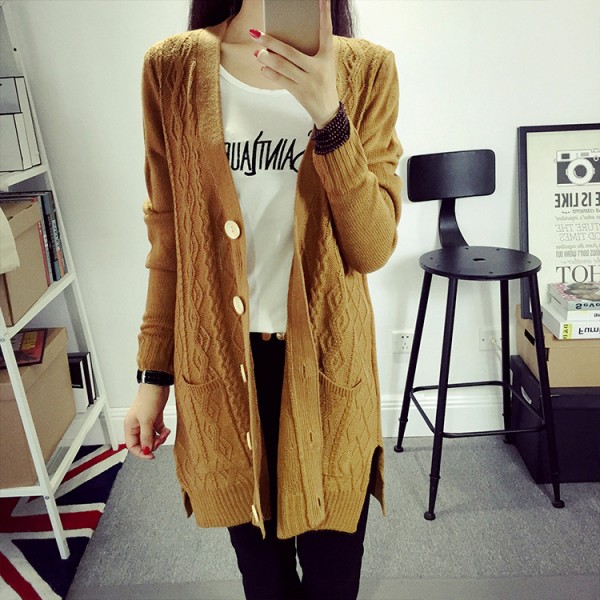 秋冬新款針織衫2015韓版女裝毛衣外套單排扣長袖中長款寬松開衫工廠,批發,進口,代購