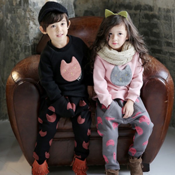 2015秋款男女外貿童裝 卡通貓咪衛衣套裝 韓版兒童加厚棉絨套裝工廠,批發,進口,代購