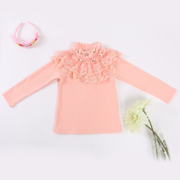 韓版秋款中小童裝長袖童T恤 蕾絲繡花珍珠純色上衣可愛女童打底衫工廠,批發,進口,代購