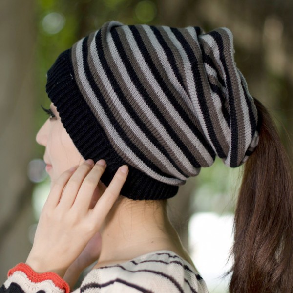 M0186秋冬季帽子批發 男女士韓版時尚保暖兩用條紋針織套頭毛線帽工廠,批發,進口,代購
