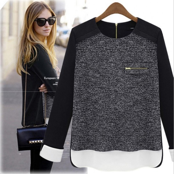 歐洲站2015秋季新款歐美女裝雪紡拼接長袖針織衫百搭顯瘦打底上衣工廠,批發,進口,代購